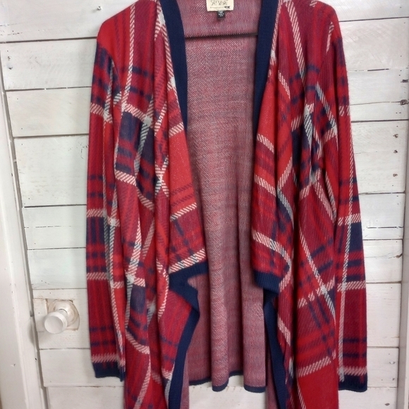 Say What 2X Cardigan Red Blue Plaid Contrast Trim Open Front Long Sleeve Stretch - Picture 5 of 11